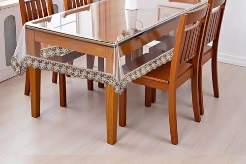 Image of The Furnishing Tree Rectangle Shaped 4 Seater Transparent Table Cover WxL 54x78 inches 0.25 mm Thickness with Golden Lace