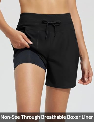 Women's 5" Swim Board Shorts High Waisted Quick Dry Swimsuit Swimming Bottoms, Quick Dry High Waisted Swimsuit with Pockets2