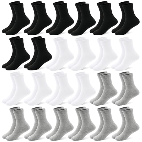 Image of 24 Pairs Boys Crew Socks, Unisex Kids School Socks Ages 1-14 | Classic black white grey multipack,easy to match daily outfits for boys and girls,thoughtful gift for back-to-school