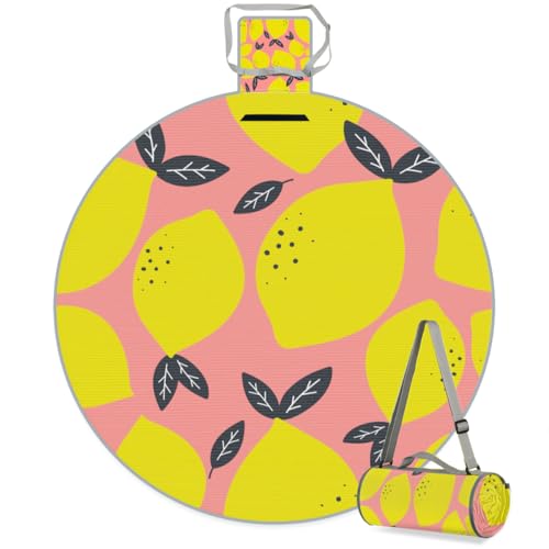 Shimoshe Pink Background Lemon Picnic Outdoor Blanket Foldable Waterproof Sandproof Beach Blanket Portable Water-Resistant Round Picnic Mat for Travel Camping Park Lawn