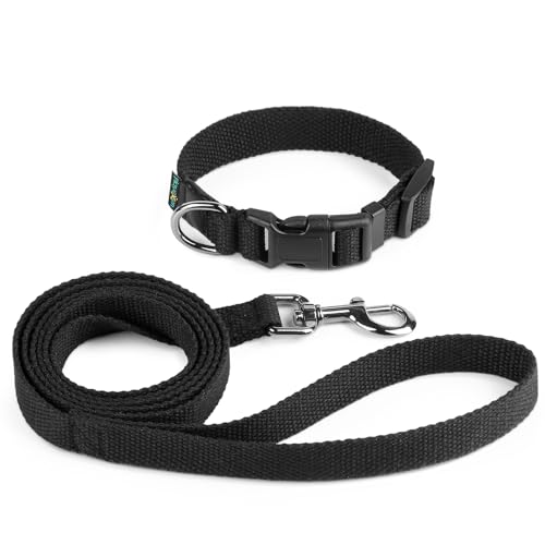 Welpenhalsband und Leine Set- 1pc Weiche Hundehalsband Klein Verstellbares 25- 40cm für Hunde Kleine Mittel Katzen und 1pc Leine 1.5m Baumwollmaterial für Training Ausführen(Schwarz- S)