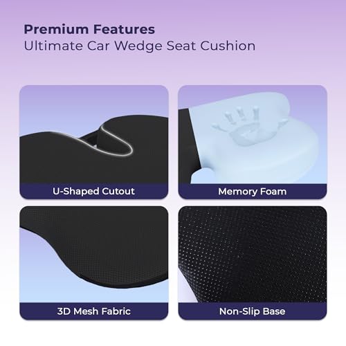 Image of Billebon Premium Car Seat Cushions Combo| Lumbar Support| Neck Rest & Car Wedge Seat Cushion for Long Drive Comfort| Gel Infused Memory Foam| Ergonomic Car Cushions Pillows -Black