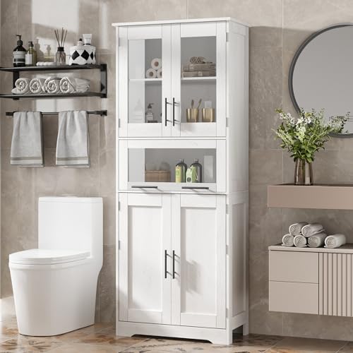 GAOMON Tall Bathroom Cabinet, Freestanding Storage Cabinet with Glass Doors and Adjustable Shelves and Drawers, 67" Tall Cabinet for Kitchen, Pantry, Living Room,White
