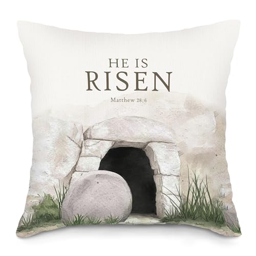 LLOKARNORA Easter Christian Throw Pillow Covers, Easter He Is Risen Pillow Case Cover for Sofa, Christian Religious Square Pillowcase, Matthew 28 6 Bible Verse Cushion Cover Case for Bedroom, 18x18 In