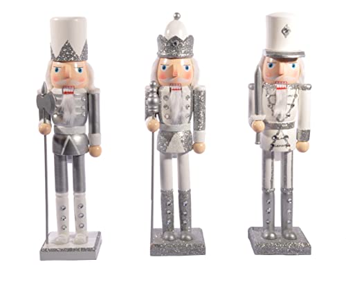 Ciao Christmas Nutcracker Toy Soldier King with Scepter (24cm) Wooden Glittery Decoration, Silver/White