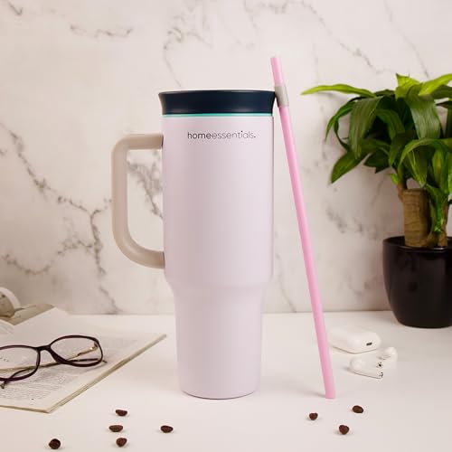 Image of HomeEssentials 1200ml Stainless Steel Tumbler with Lid & Straw - Vacuum Insulated, Spill-Resistant - Keeps Drinks Hot or Cold for 12 Hours - Ideal for Office, Gym & Travel - (White)