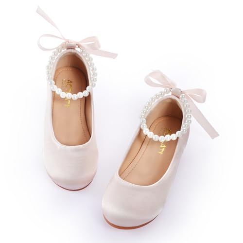 Toddler Girls Dress Shoes Flower Girls Kids Mary Jane Ballet Flats Wedding Party Communion Princess Shoes(Nude Silk,Toddler 10)