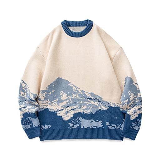 Mens Crewneck Oversized Sweaters Tie-Dye Casual Long Sleeve Knitted Vintage Sweater Mountain Print Jumper Soft Tops