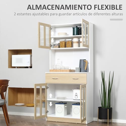 HOMCOM Alacena de Cocina Alta, Mueble Auxiliar de Cocina, con 4 Puertas de Vidrio, Encimera Abierta para Microondas, Cajón, Estantes Ajustables, 80x40x180 cm, Blanco y Natural - imagen 5
