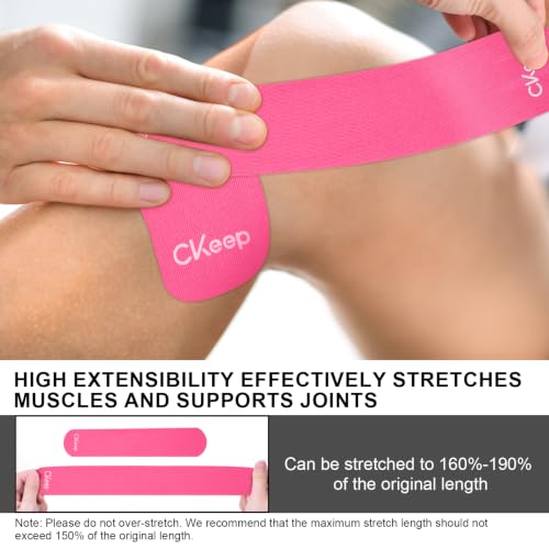 Image of CKeep Kinesiology Tape, 2 Rolls 2 Inch Wide Elastic Precut Strips, Pink | Cotton Latex Free Hypoallergenic Breathable Athletic Tape, Sticky & Waterproof Kinetic Tape for Joint Support Injury & Sprain