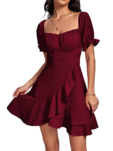 LYANER Women's Square Neck Ruffle Wrap Mini Dress Off Shoulder Flounce Short Sleeve A Line Flowy Dress
