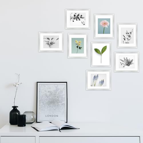 Image of Frametory, 11x14 Picture Frame with Mat for 8x10 Photo - High Definition Glass Wide Molding Preinstalled Wall Mounting Hardware (Silver, 8 Pack)