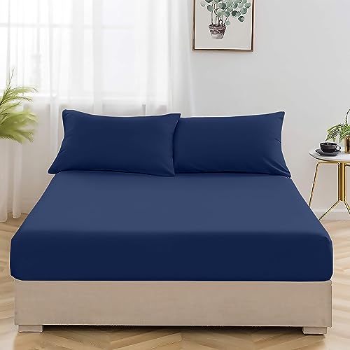 Cotton Comfort Bedding 3PC Fitted Sheet Set 400 Thread Count 100% Egyptian Cotton 25cm Deep Fitted Sheet Bedding Set with Pillow Cases 2 Pack (Navy-Blue, King)
