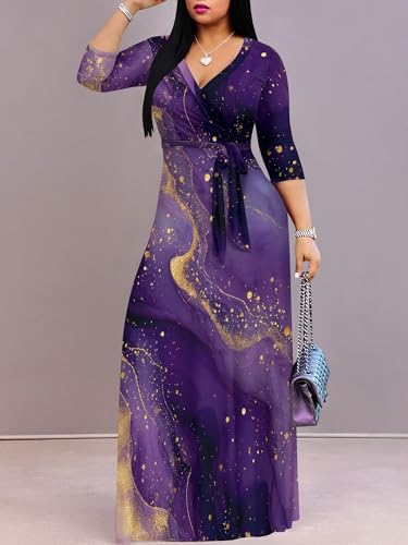 Image of Plus Size Dresses for Women Print Maxi Dresses 3 /4 Sleeve with Belt