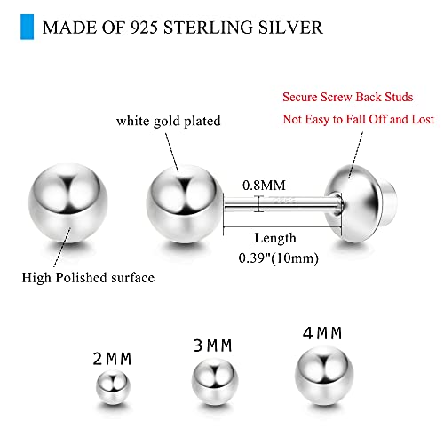 Sllaiss 3 Pairs Ball Stud Earrings Screw Back 925 Sterling Silver Cartilage Earrings Stud 14K Gold Plated Tiny Screwback Earrings For Women 2Mm-4Mm (Silver) #TOP3