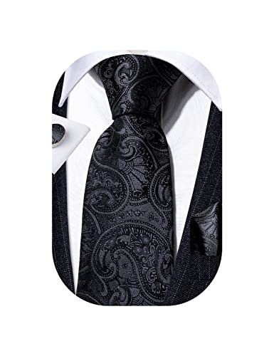Barry.Wang Solid Black Tie Set Hanky Cufflinks Business Funeral Necktie