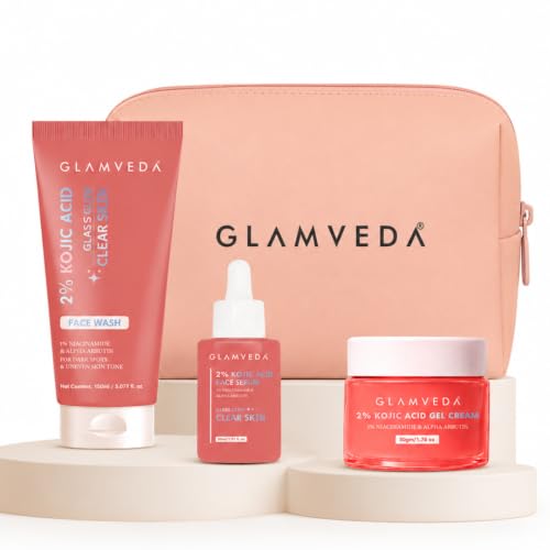 Image of Glamveda 2% Kojic Acid Facewash, Serum & Cream Trio - Brightening, Hydrating & Acne Scar Treatment | Fades Dark Spot |, Evens Tone & Promotes Clear and Glowing Skin