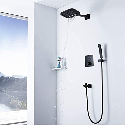JUNNIU Pommeau de Douche encastré thermostatique Noir Ensemble de Douche Booster Cascade Top Spray Robinet de Douche en cuivre système de Douche 3 Modes Decoration