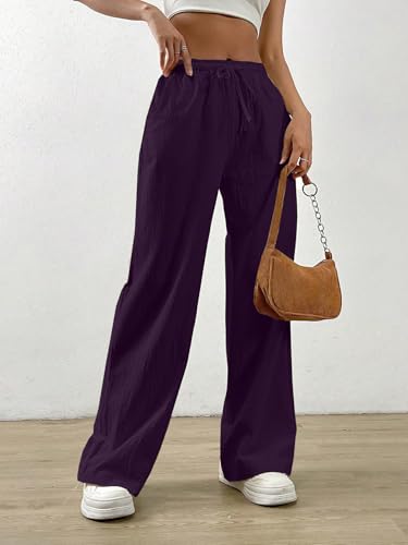 Image of TOPLOT Women's Linen Blend Wide Leg Palazzo Pants | Elastic Drawstring Waist Trousers for Woman | Relaxed Fit Casual Lounge Trousers | Breathable Straight Leg Everyday Bottom Wear (5268)