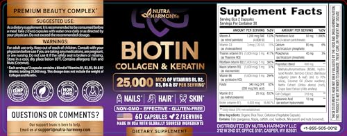 NUTRAHARMONY Biotin | Collagen | Hyaluronic Acid | Keratin - Support Normal Hair Growth Cycle - Skin & Nails  - Additional View