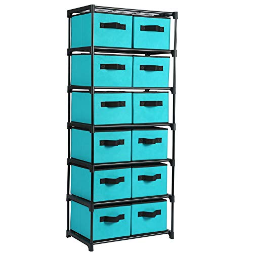 Function Home 12-Drawer Chest, 6 Tier Storage Organizer Tower, Metal Shelf with 12 Removable Fabric Bins, Ideal for Home Office Dorm Bedroom, Turquoise