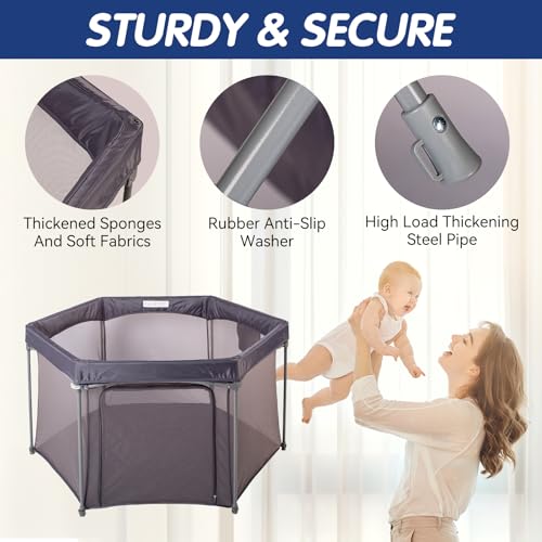 Image of Baby Playpen 53x53 Inch, Indoor /Outdoor Portable Play Yard No Extra pad Required with Breathable Mesh Walls, Enclosed Safe Space for Babies, Quick Foldable Playpen for Home Travel Park (Grey)