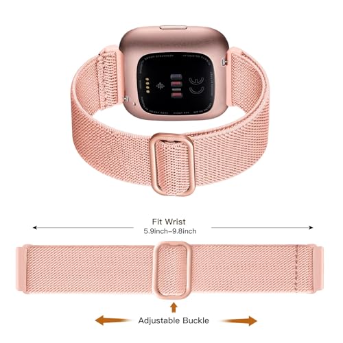 Maledan 3 Pack Elastic Band Compatible with Fitbit Versa 2/Fitbit Versa Bands for Women Men, Adjustable Stretchy Solo Loop Nylon Fabric Strap Replacement Wristbands, Black/Gray/Orange Pink