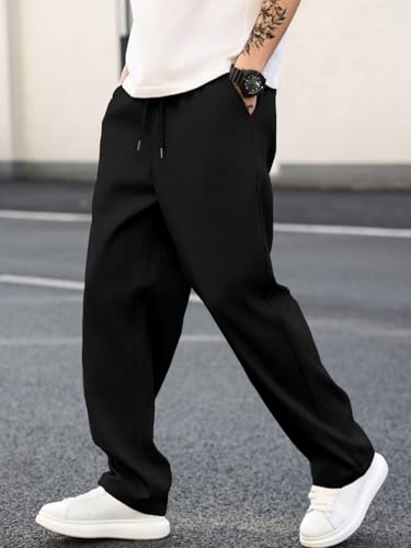 Image of MULAVRI Solid Drawstring Relexed Fit Modern Straight Leg Pants for Men's