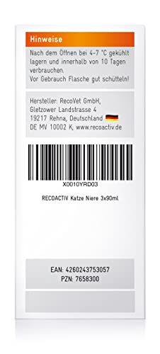 RECOACTIV Nieren Tonicum für Katzen, 3 x 90 ml, bei Anzeichen Einer Nierenfunktionsstörung, in der Rekonvaleszenz und zur Prophylaxe. Hochwertiges Protein, Appetit anregendes Ergänzungsfuttermittel