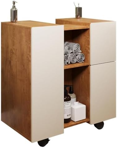 Gabinete Armario Banheiro Pia de Coluna Macau com Rodízios Nature...