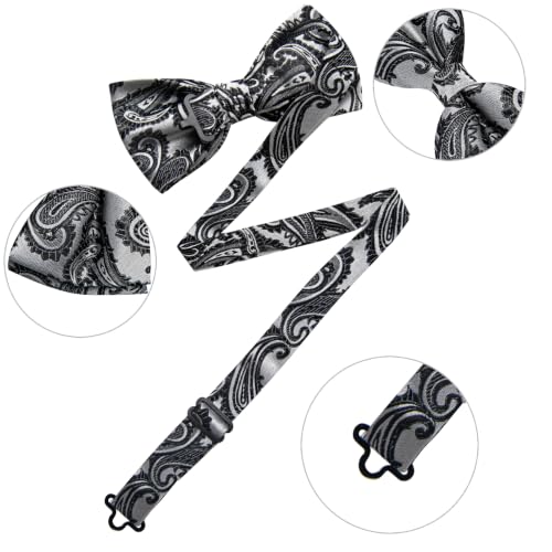 Image of DiBanGu Paisley Pre-Tied Bow Ties for Men Silk Adjustable Bowtie and Pocket Square Cufflinks for Wedding Party