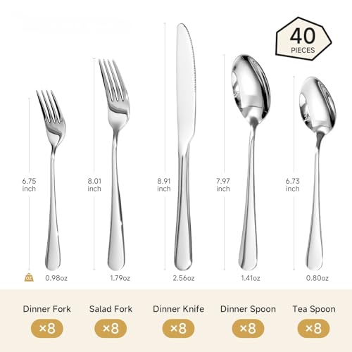 Silverware Set for 8, 40 Piece Heavy Duty 18/10 Stainless Steel Flatware Set, Mirror Polished Cutlery Utensils with Knives Forks & Spoons, Dishwasher Safe - HIKAA - image 2