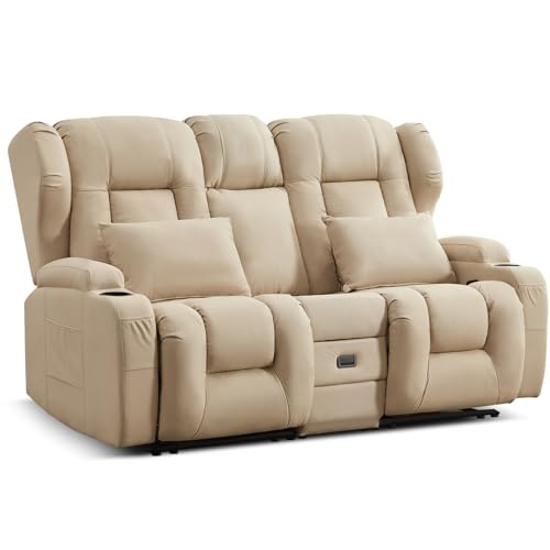 TCGBKAF Kinosessel 2-Sitzer manuell, Relaxsessel mit Liegefunktion & Getränkehalter, Doppel-Fernsehsessel Relaxsofa verstellbar mit Klappkonsole, Heimkino Sofa Zweisitzer Stoff für Wohnzimmer,Beige