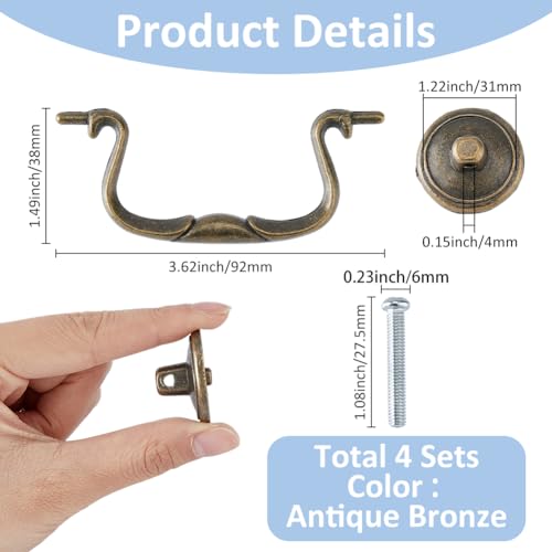 SUPERFINDINGS 4 Sets 3.6inch Vintage Bail Pull Handles Antique Bronze Furniture Hardware Bail Pull Alloy Center-to-Center Drop Cabinet Drawer Pull for Kitchen Cabinet Bedside Cupboard - Image 2