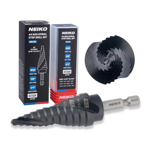 Image of NEIKO 10611B Step Drill Bit, 12 Steps 3 /16 inch to 7 /8 inch Spiral M35 Cobalt, AlTiSiN Coated, 1 /4 inch Quick Change Step Bits for Steel, Metal, Wood, Plastic, Unibit Cone Drill Bits, Two Flute