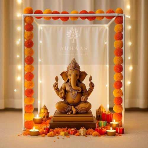 Image of Abhaas Pooja Decoration DIY Mandap Tent Pandal with 5Pcs Marigold Garlands for Ganesh Chaturthi Home Decor Cubical Mandap | Ganesh Chaturthi /Durga Pooja (25Pcs) (Yellow, 16 Inch Cube)