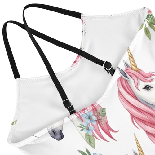 Unicorn Heads Colorful Flowers Swimming Suit for Girls, Summer Beach Swimsuit, 3-104