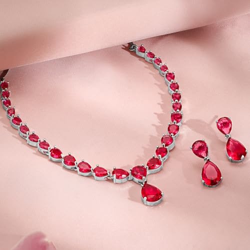 Image of Rubans Necklace Set Rhodium Plated Crystal Studded Jewellery Gift for Women & Girls