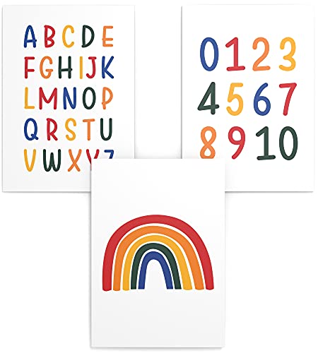 Papierschmiede Cuadros para niños, Set de 3, A3 Póster de aprendizaje, Regalo para niñas y niños, cuarto de los niños, Alfabeto letras, ABC Contando Arcoíris Vistoso