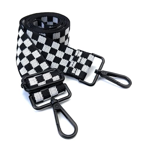 Image of Black White Checkered Purse Strap with Matte Black Hardware 1-1 /2 Inch Wide Replacement Crossbody Guitar Style Shoulder Strap for Handbags Totes