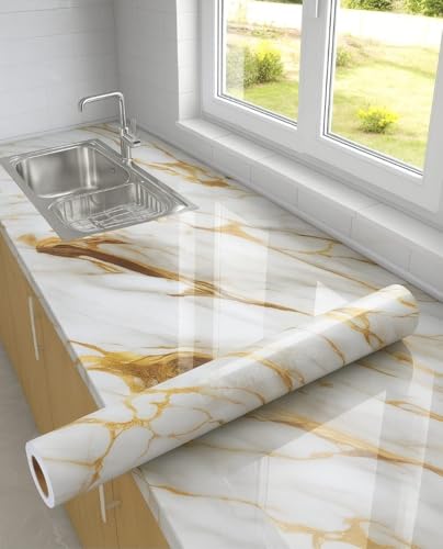 Premium Waterproof DIY Wallpaper & Wall Stickers for Home & Kitchen Countertop Furniture - Oil Proof Kitchen Stickers | Size(60x200cm) (White Gold)