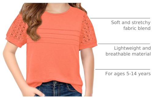 Image of Haloumoning Girls Short Sleeve T Shirts Kids Summer Lace Crewneck Tops Fashion Pleated Tees 5-14 Years