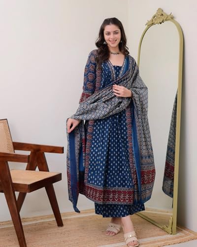 Image of ANNI Designer Women's Pure Cotton Anarkali Kurta Set for Women with Dupatta & Plazzo - Hand Block Print Suit Set | Stylish Dress | Cotton Kurta Set for Women