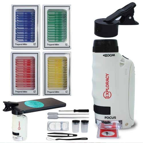 EXPLORACY Kids Microscope – 48 Prepared Slides & Phone Adapter – 250X Pocket Microscope for Kids STEM Toy for Children Boys & Girls