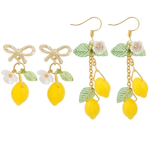 2 Pairs Lemon Dangle Earrings, Cute Summer Lemon Earrings Accessories for Women Dainty Yellow Fruit Lemons Bow Drop Earring for Birthday Party Role Play Gifts