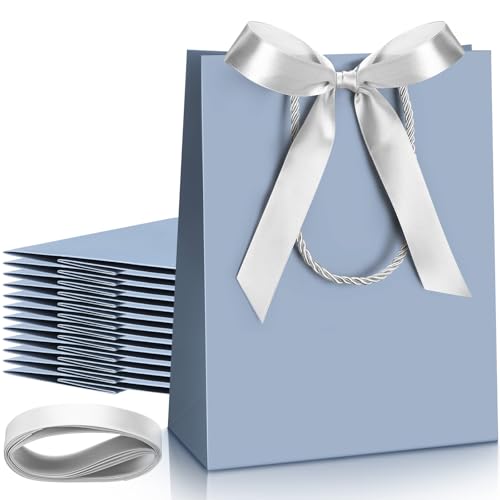 Silkfly 12 Pcs Wedding Paper Gift Bags with Handle 9x7x3.15 Thank You Gifts Bags with Ribbon Bow Bridal Shower Gifts Handbags for Baby Shower Birthday Party Favor Supplies (Dusty Blue)