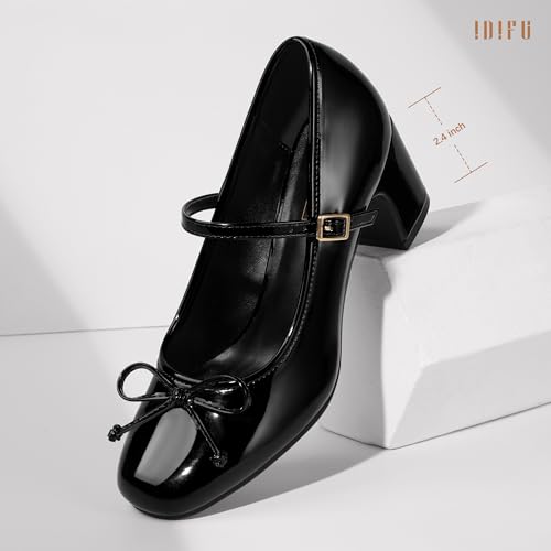 Image of IDIFU IN2 Mary Janes for Women Closed Toe Block Heels Cute Bow Dress Shoes