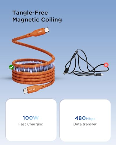 Image of Philips 100W Fast Charging USB C to USB C Cable, 1 Meter Magnetic Nylon Braided Type C to Type C Cable for Phones, Laptop, C to C Cable 480Mbps Data Sync, Coral Reef