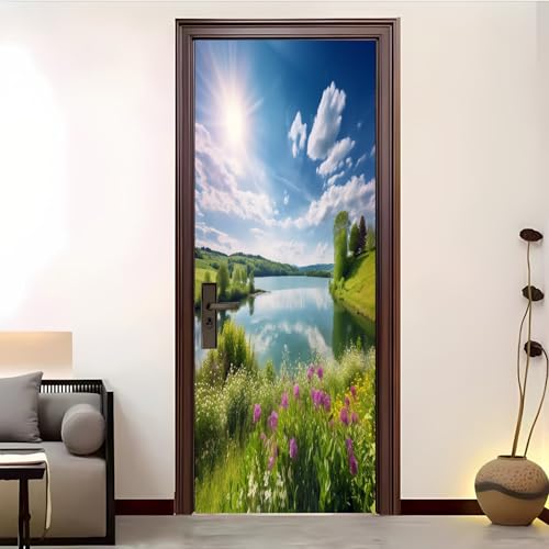 Pvc Adhesivo Pegatinas para Puertas Impermeable Extraíble Plantas Y Flores Junto Al Lago. Vinilos Puerta Pegatina Azul Pared Murales Para Cocina Decorativos Hogar Arte 77x200 cm