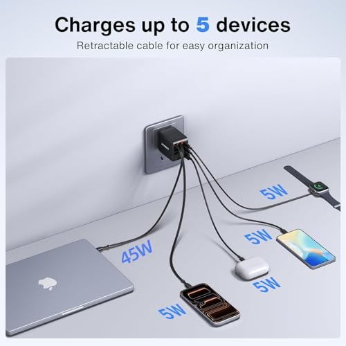 Image of iVANKY 65W Retractable Wall Charger for MacBook, 5-in-1 USB C+Lightning GaN Charger Block with Cables, 33.5 inches, PD PPS Fast Charging, 5-Port Power Adapter for iPhone 17 /16 /15 Pro Max, MacBook Neo